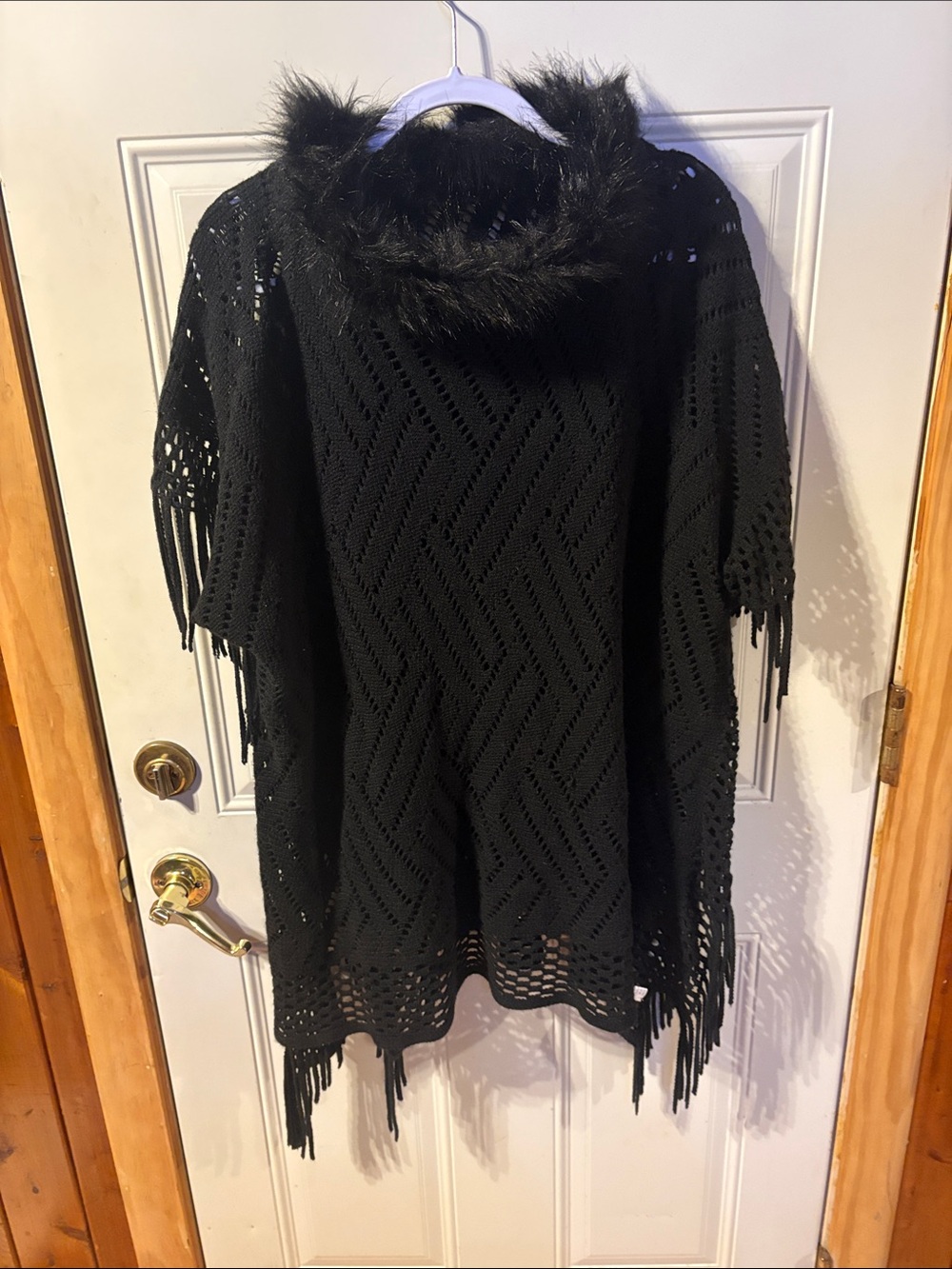 Black Throw Over Your Head Cardigan With Fur & Fringe